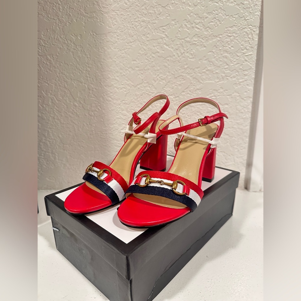 Red Leather Block Heel Sandals with Gold Buckle Sylvie Detail